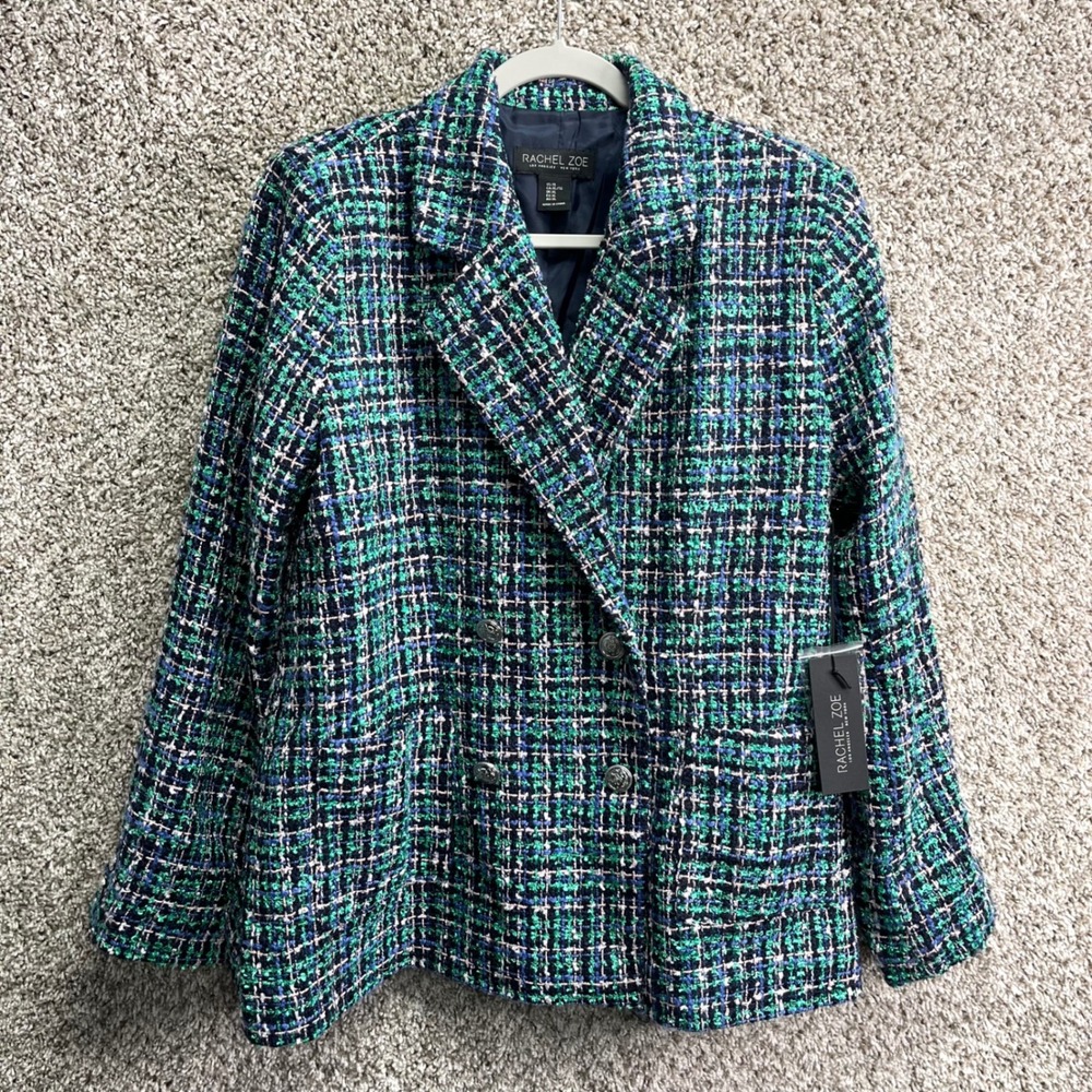 Rachel Zoe Blazer Women's XL Green, Blue & Pink Plaid Double Breasted Tweed‎ NWT